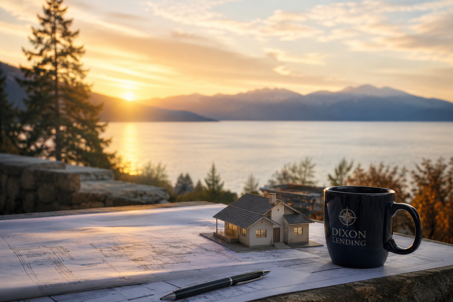 Blueprints, a model home, and a Dixon Lending mug on a table overlooking a lake at sunset
